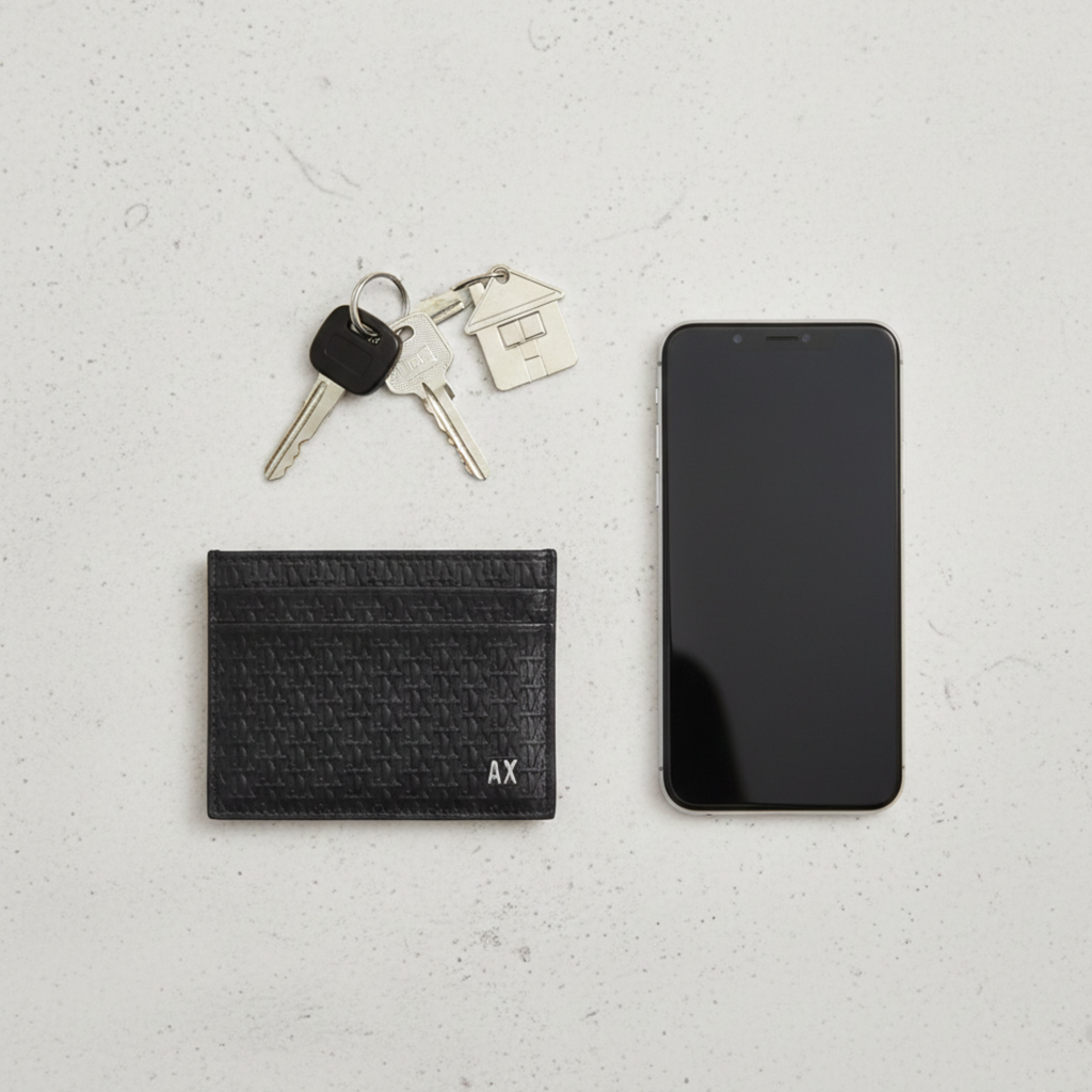 Original Armani Exchange AX Monogram Card Holder – Black Leather