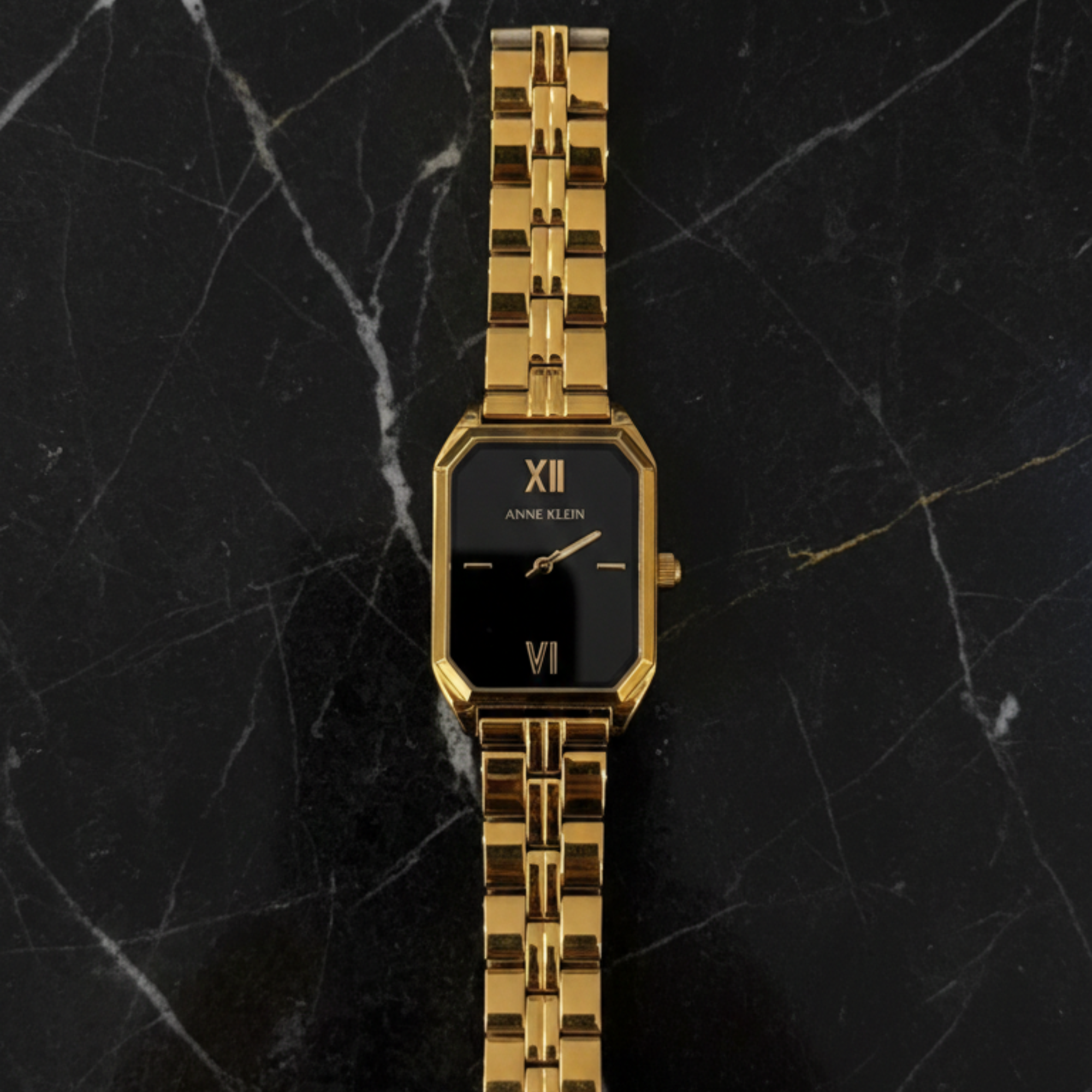 Original Anne Klein Women Gold Watch – Elegant Black Dial Roman Design