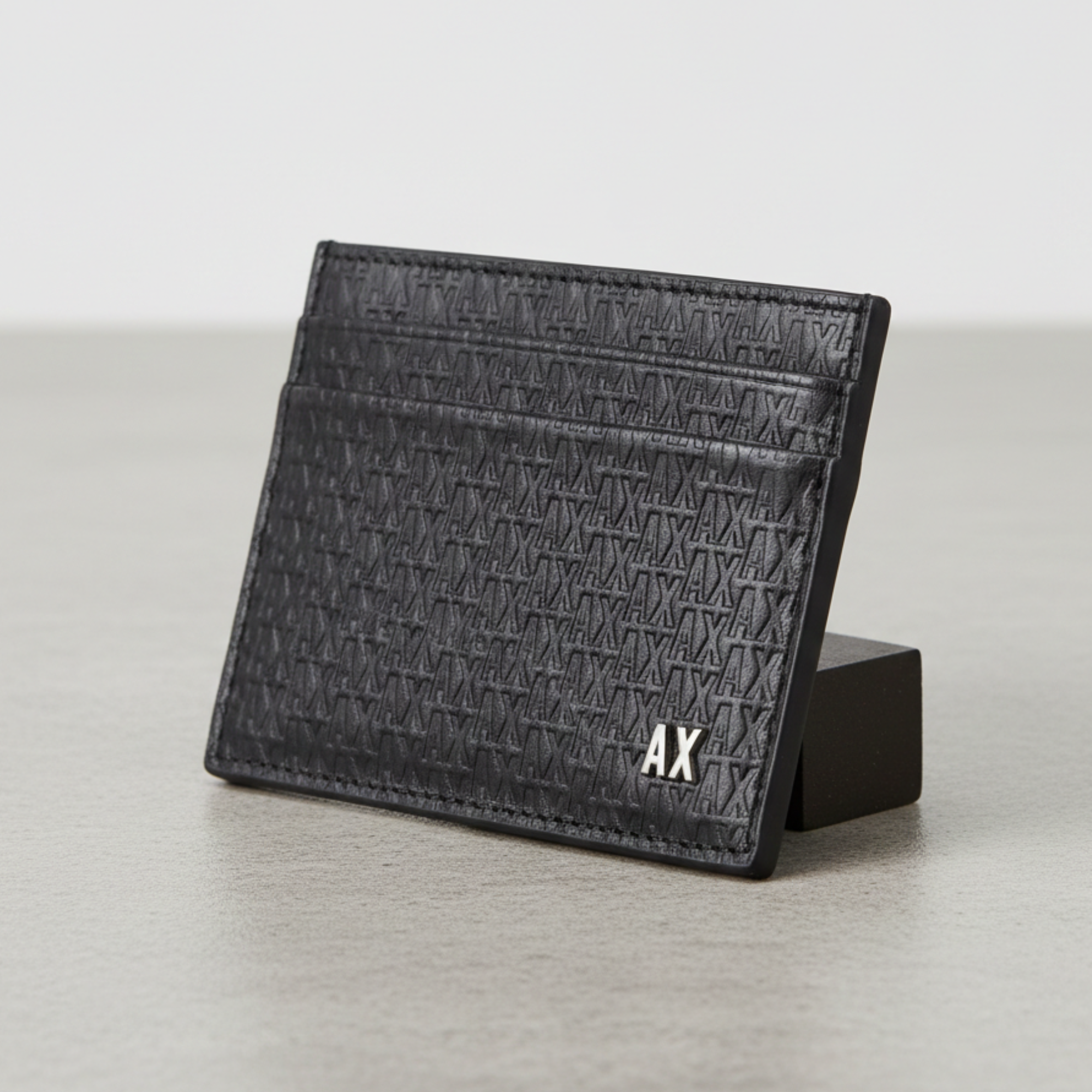 Original Armani Exchange AX Monogram Card Holder – Black Leather