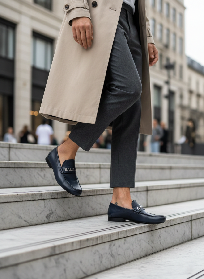 👞 Balmain Navy Blue Leather Loafers – Original