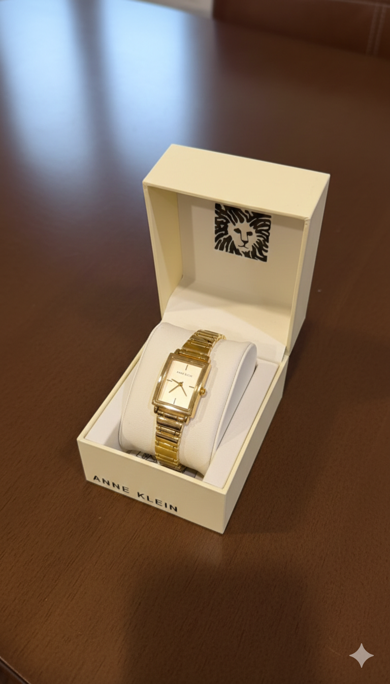 Original Anne Klein Women Gold Stainless Steel Rectangular Watch – Minimal White Dial