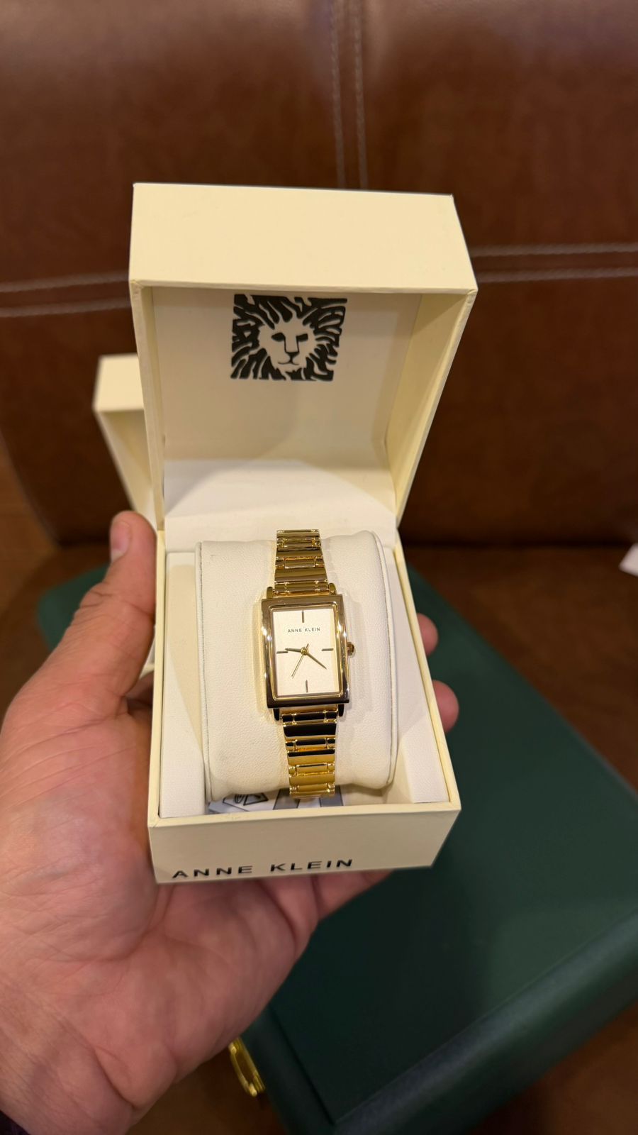 Original Anne Klein Women Gold Stainless Steel Rectangular Watch – Minimal White Dial