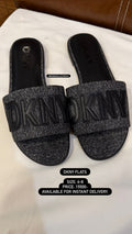 DKNY Logo Slide Flats – Black | Classic Designer Slippers